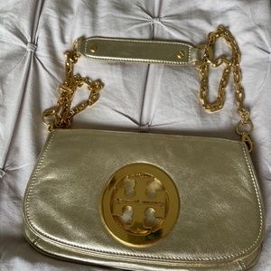 Tory Burch Gold leather clutch with metal chain strap